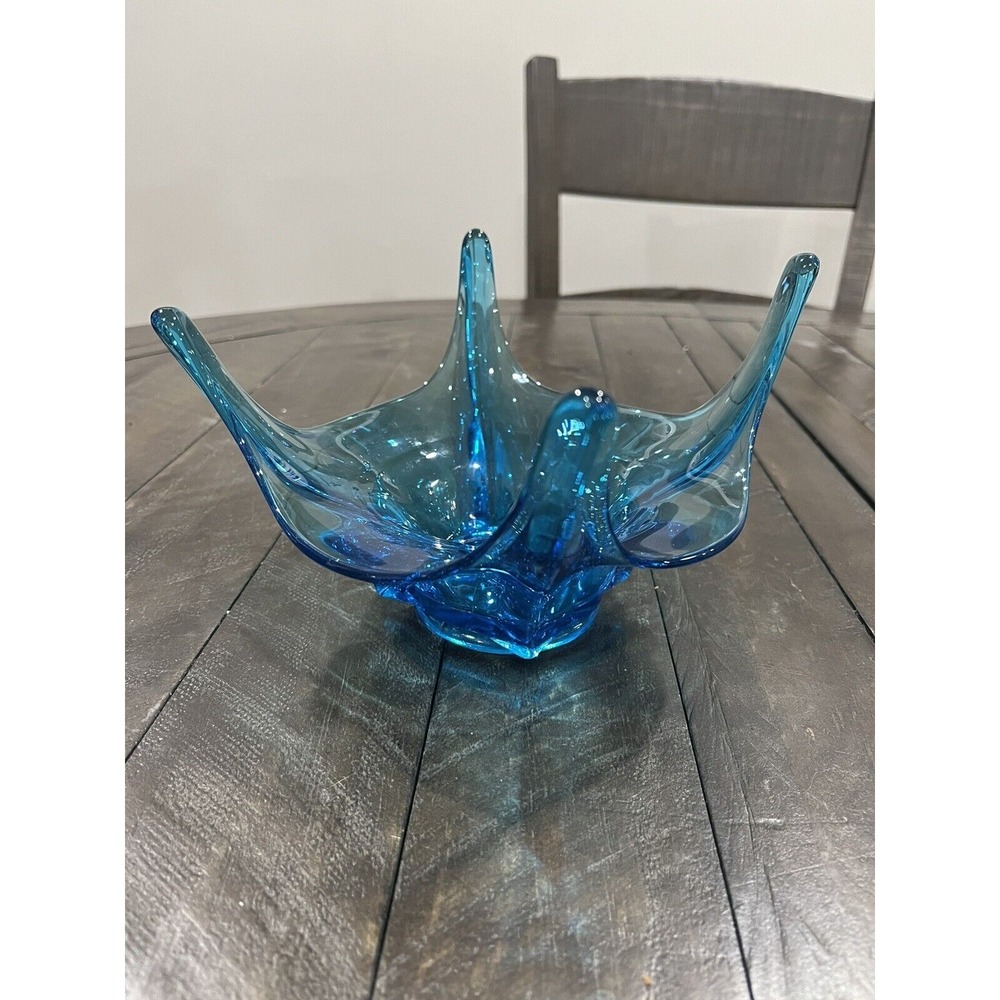 Vtg LE Smith Colonial Blue Swung Glass Bowl 4 Point Dish  6401 MCM‎